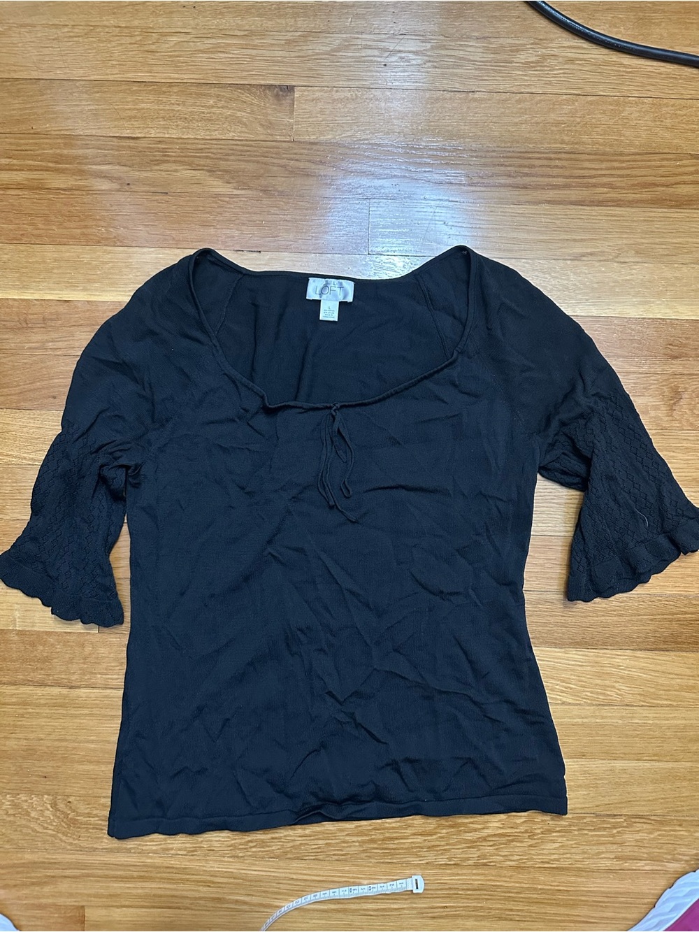 LOFT Black Scoop-Neck Tie Front Short Sleeve Top